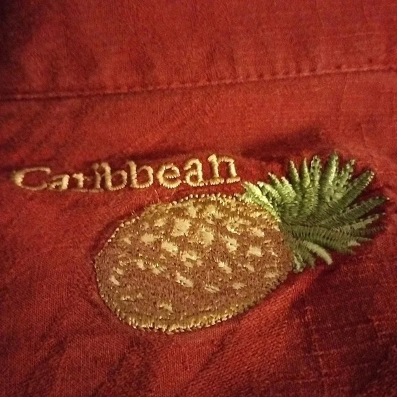 Men's Caribbean Size Medium Silk Blend Tropical Rust Top Button Up - Picture 5 of 6